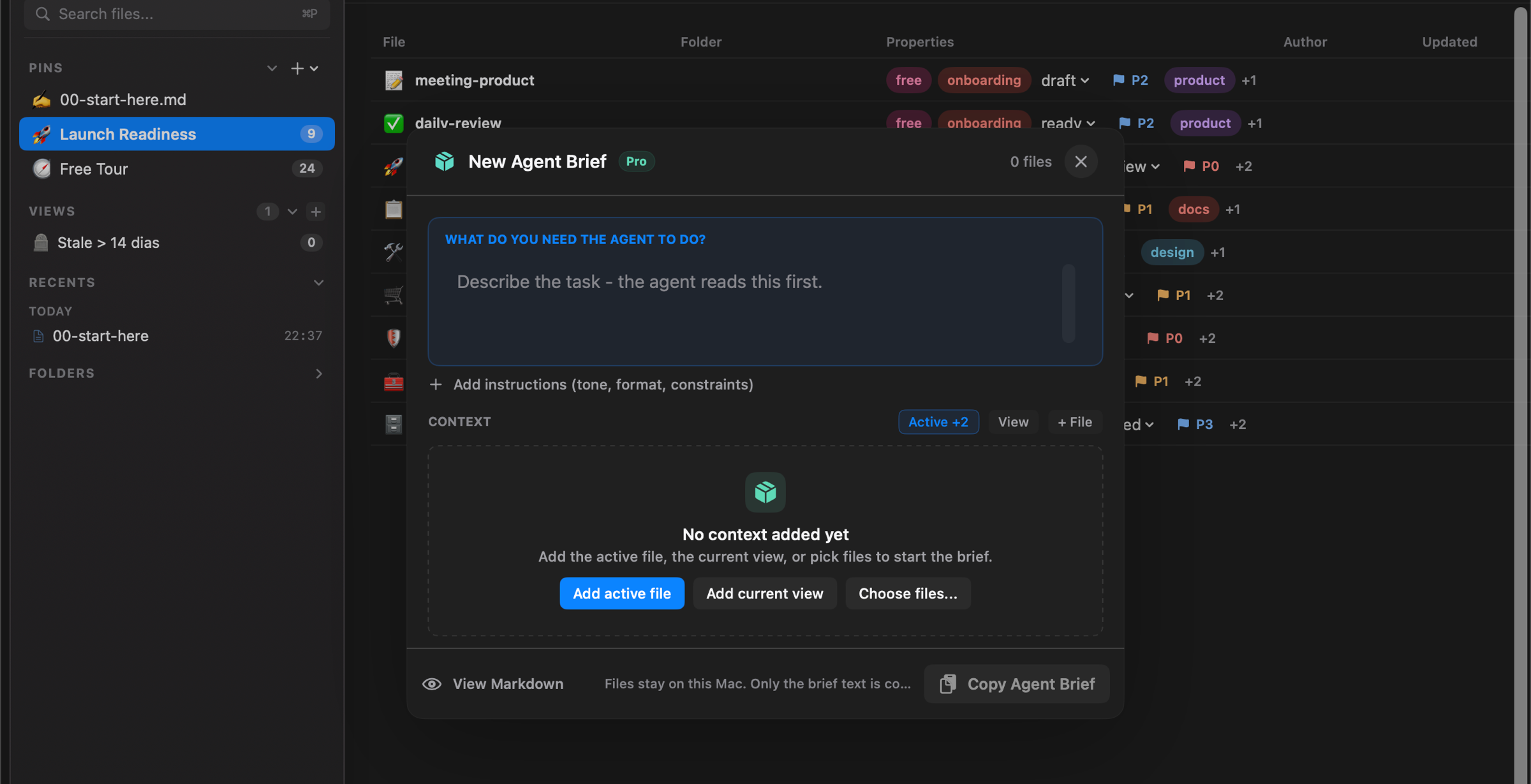 Markpane Agent Brief modal over a dark sample workspace, ready to copy local context.