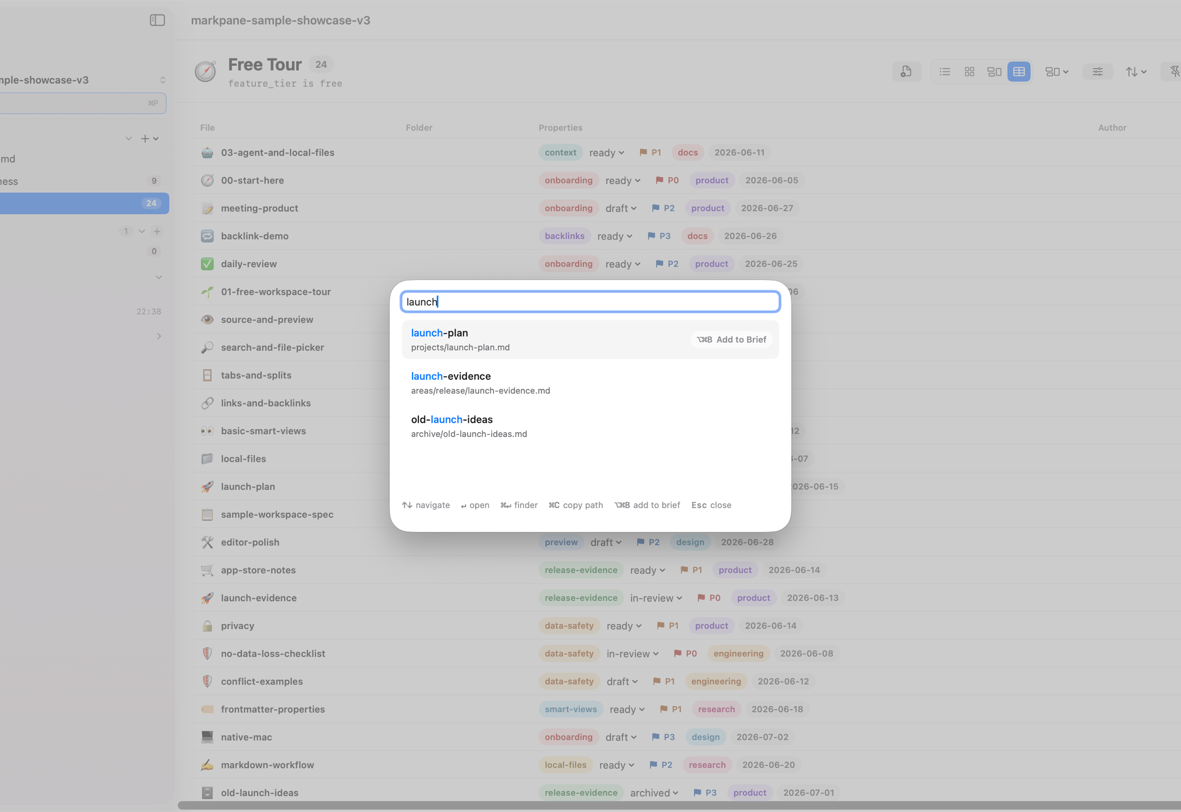 Markpane command palette searching the sample workspace for a launch plan.