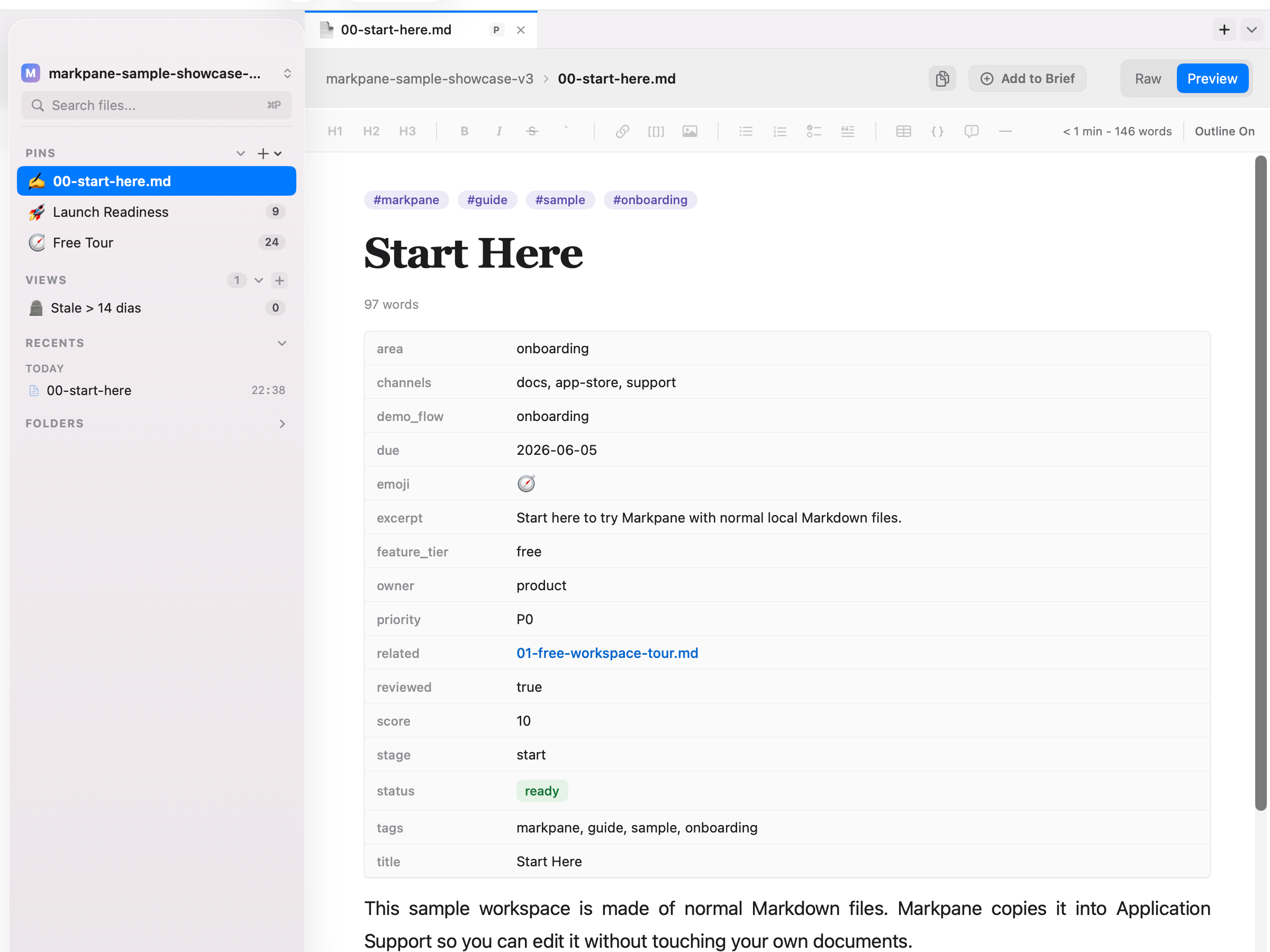Markpane showing the sample workspace Start Here file in preview mode.