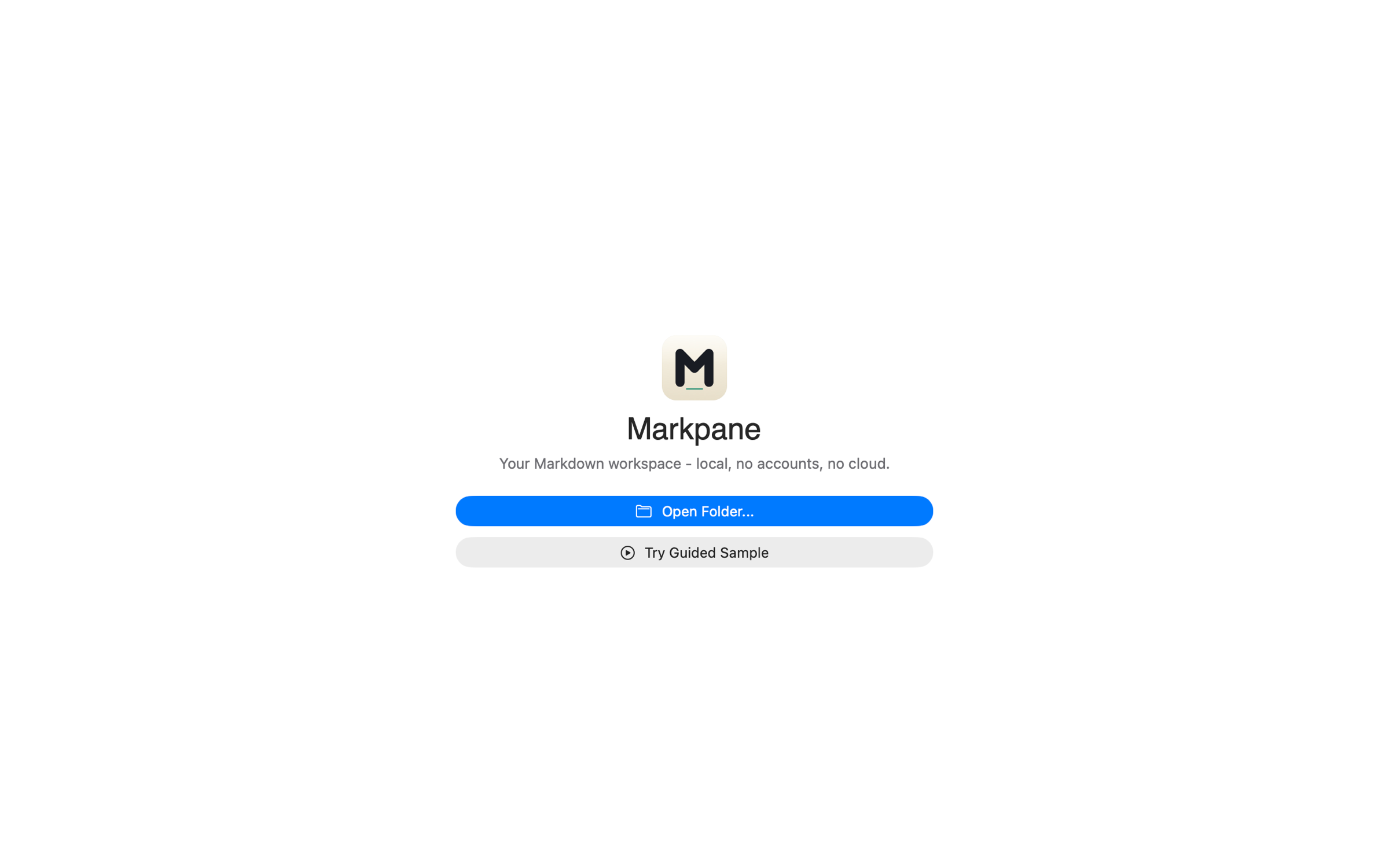 Markpane welcome screen with Open Folder and Try Guided Sample actions.