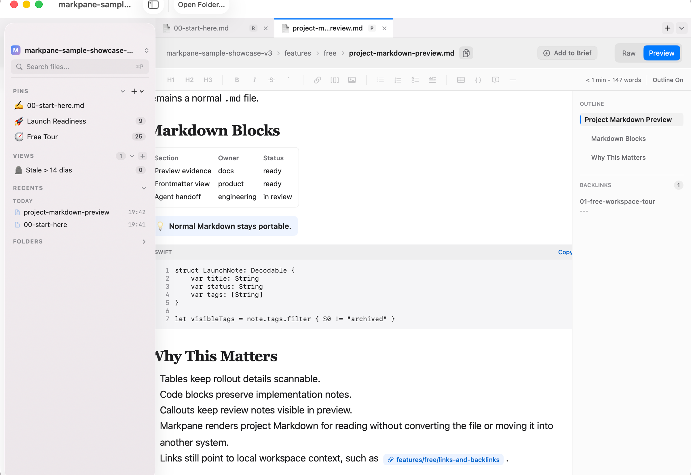 Markpane showing a local Markdown preview with a rendered table, callout, code block, outline, and backlink.
