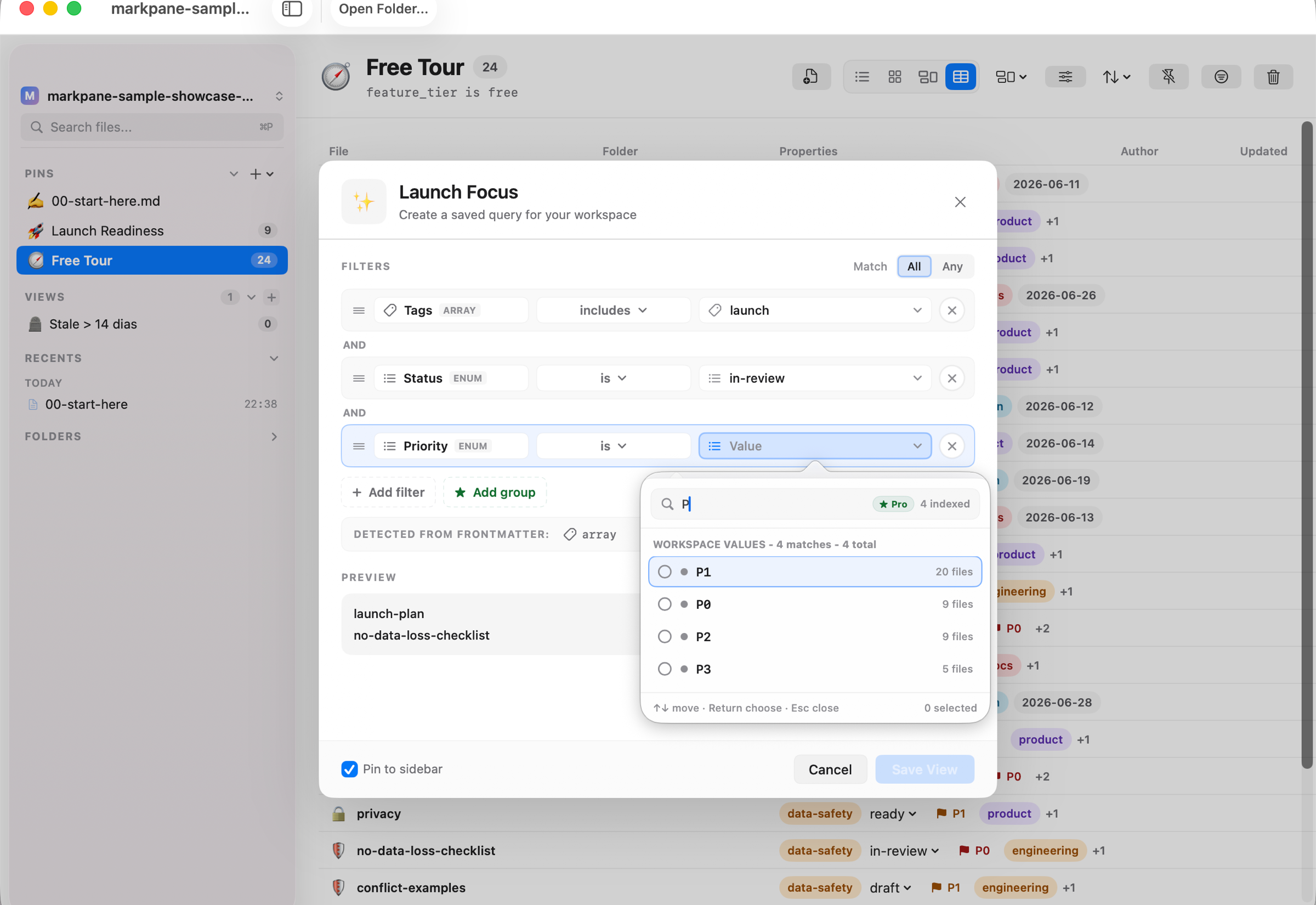 Markpane showing the New View filter builder with tags, status, and priority frontmatter value pickers.